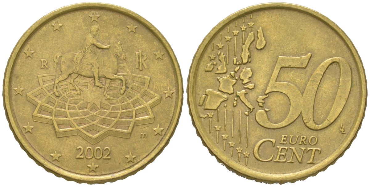 Италия 50 евроцентов 2002 R, Конная статуя Марка Аврелия KM 215 нордик 4538-835
