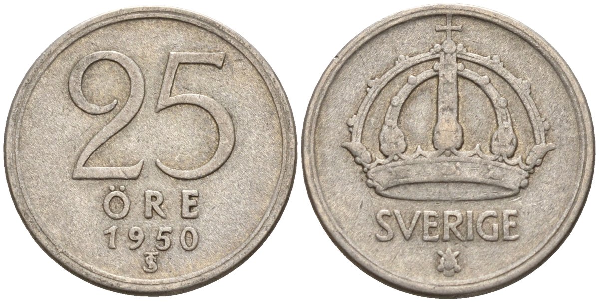 Швеция 25 эре 1950 TS, Густав V (1907-1950) KM 816 серебро 4147-1018