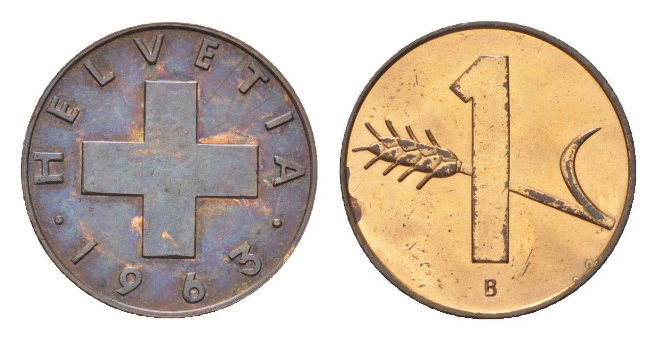 Швейцария 1 раппен 1963 B KM 46 бронза aUNC 4708-248