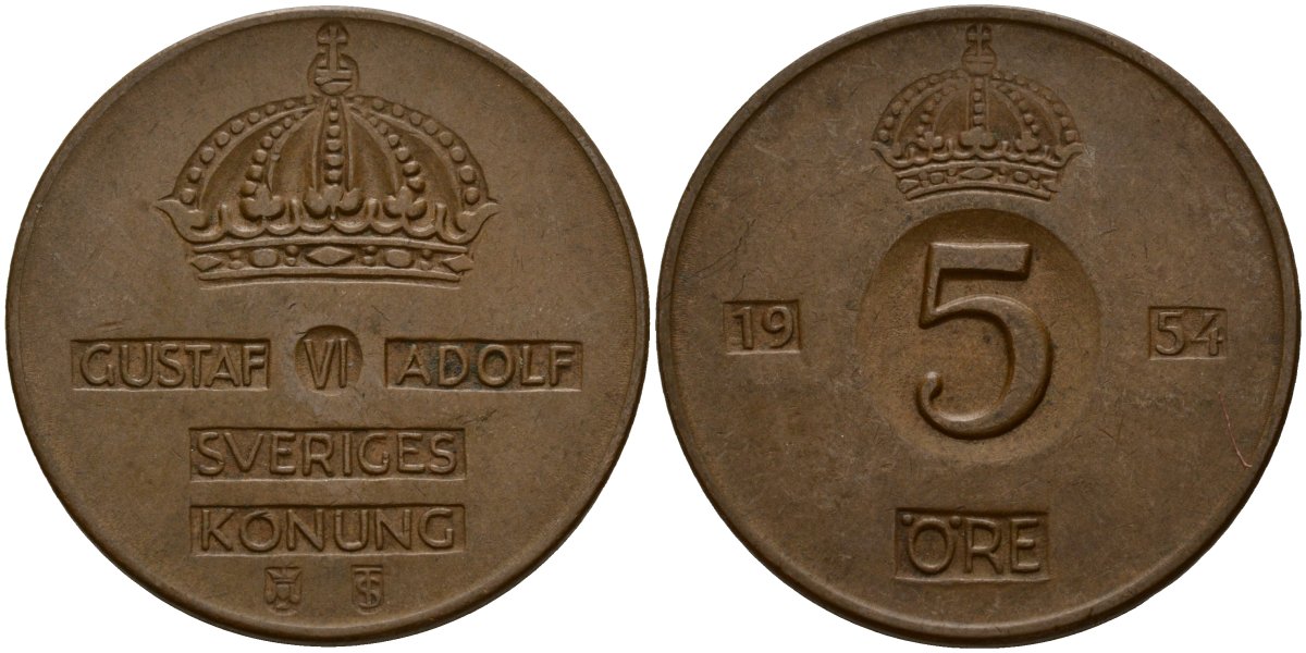 Швеция 5 эре 1954 Густав VI Адольф (1950-1973) KM 822 бронза 4156-234
