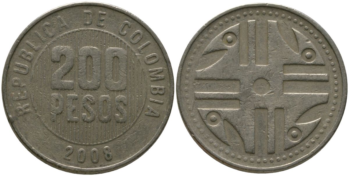 Колумбия 200 песо 2008 KM 287.4, Schon 113, Restrepo 446 никель латунь 4538-352