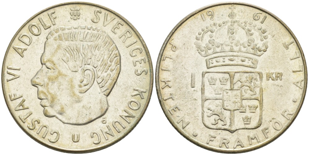 Швеция 1 крона 1961 U, Густав VI Адольф (1950-1973) KM 826 серебро 4610-623