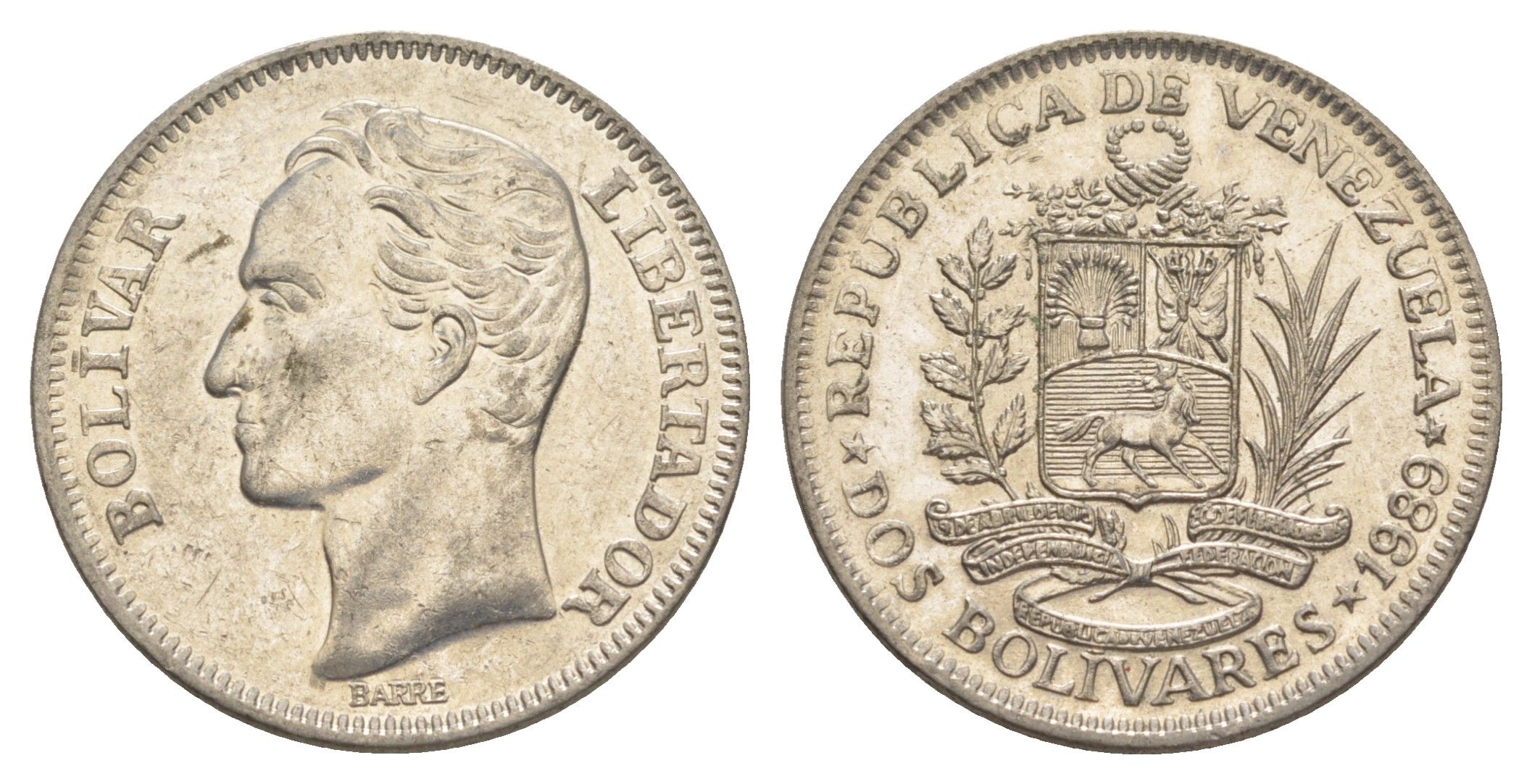 Венесуэла 2 боливара 1989 Симон Боливар Y 43a сталь плакированная никелем 4583-112