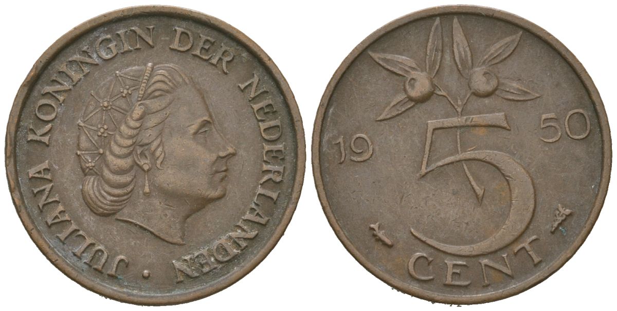 Нидерланды 5 центов 1950 Юлиана (1948-1980) KM 181 бронза 4621-448