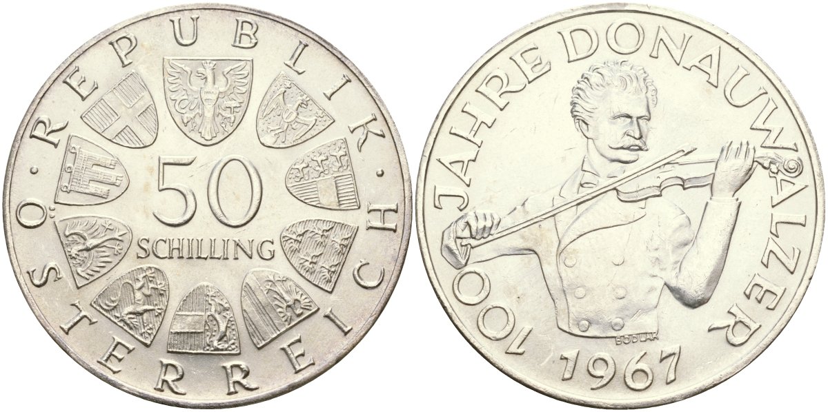 Австрия 50 шиллингов 1967 100 лет Дунайскому вальсу KM 2902 серебро UNC 00-00