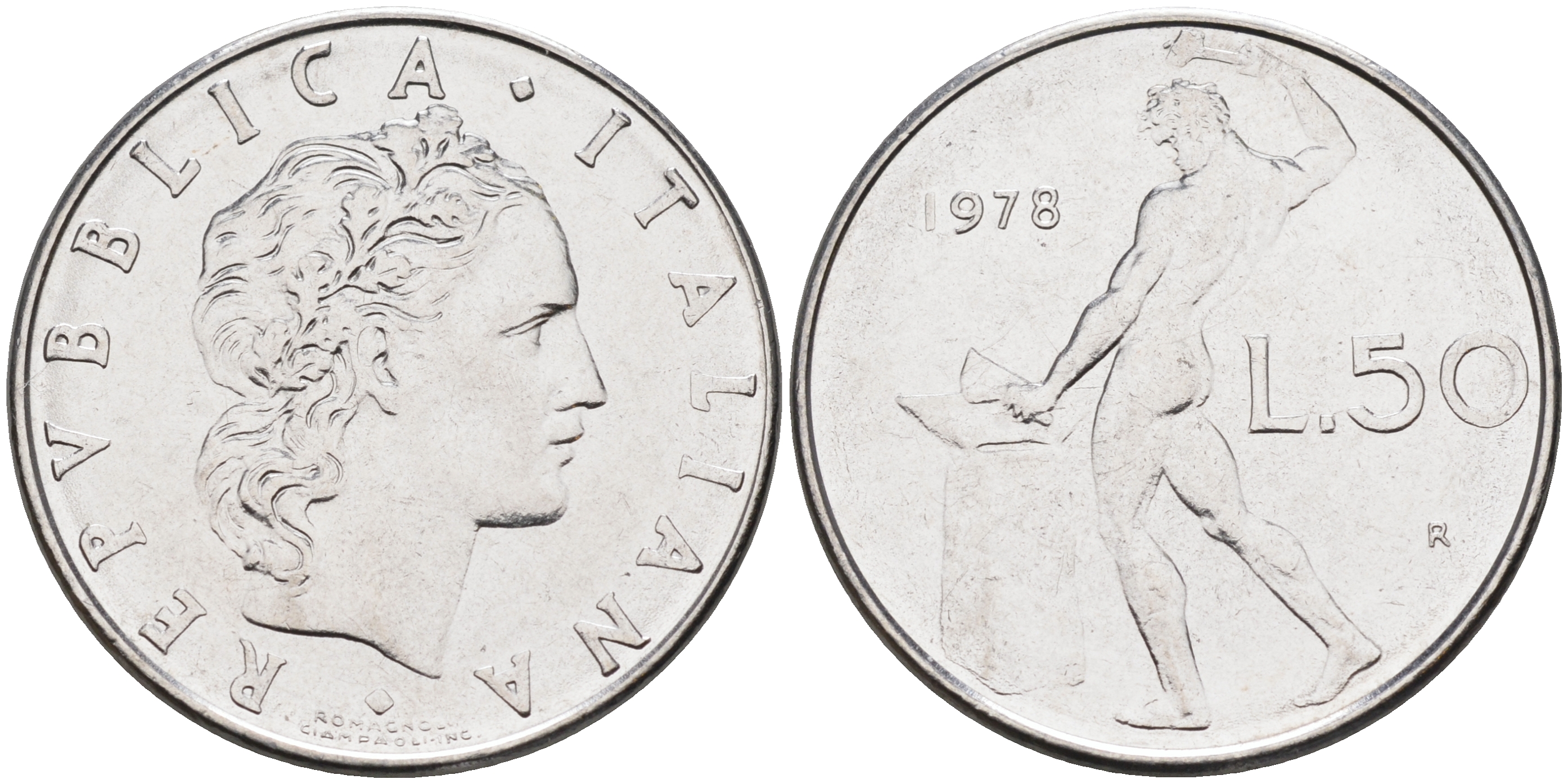 Италия 50 лир 1978 R, бог огня Вулкан у наковальни KM 95.1 нержавеющая сталь    4116-352