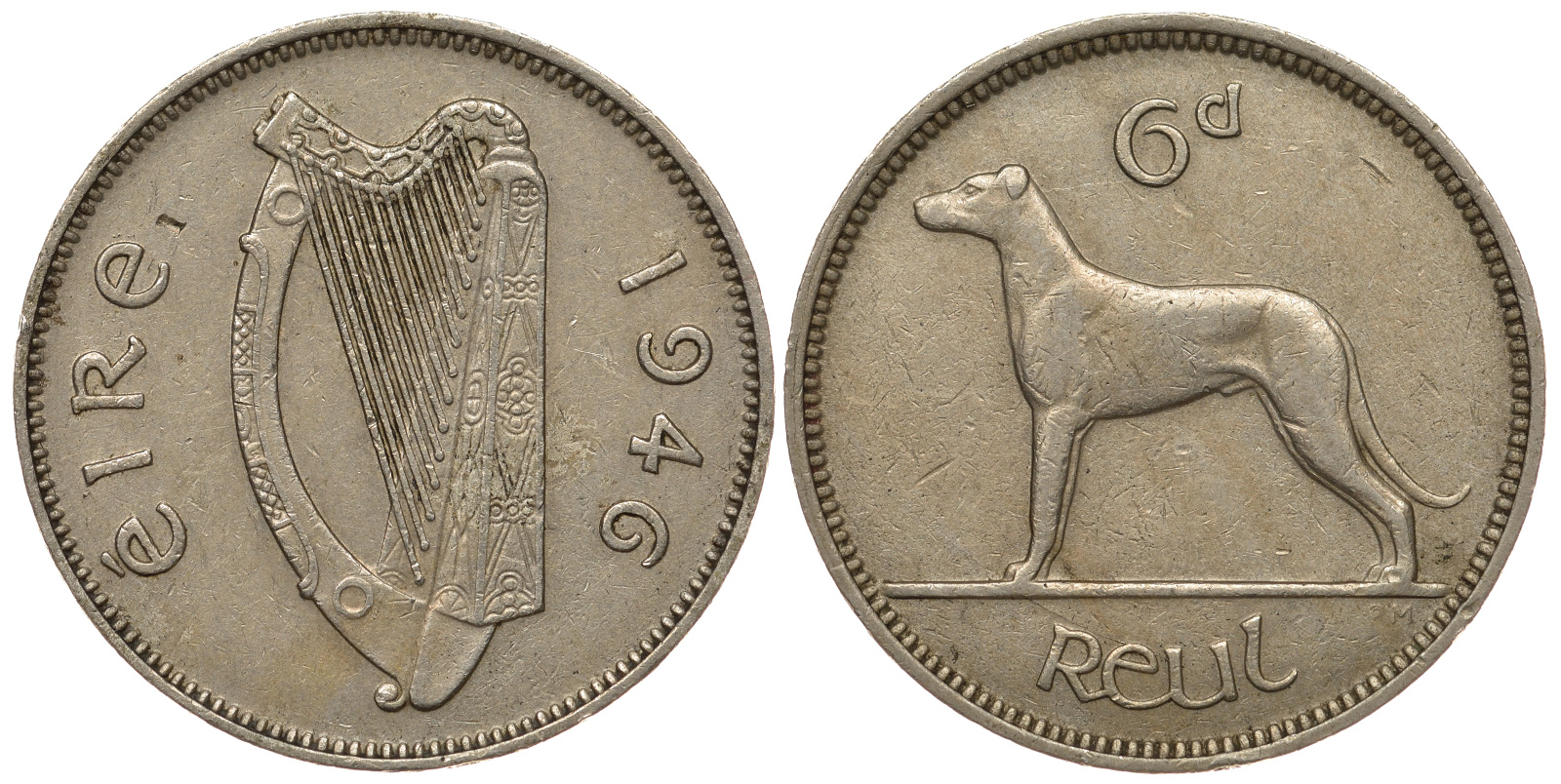 ИРЛАНДИЯ 6 ПЕНСОВ 1946 ИРЛАНДСКИЙ ВОЛКОДАВ, РЕДКИЙ ГОД KM 13a медно-никель 25-217