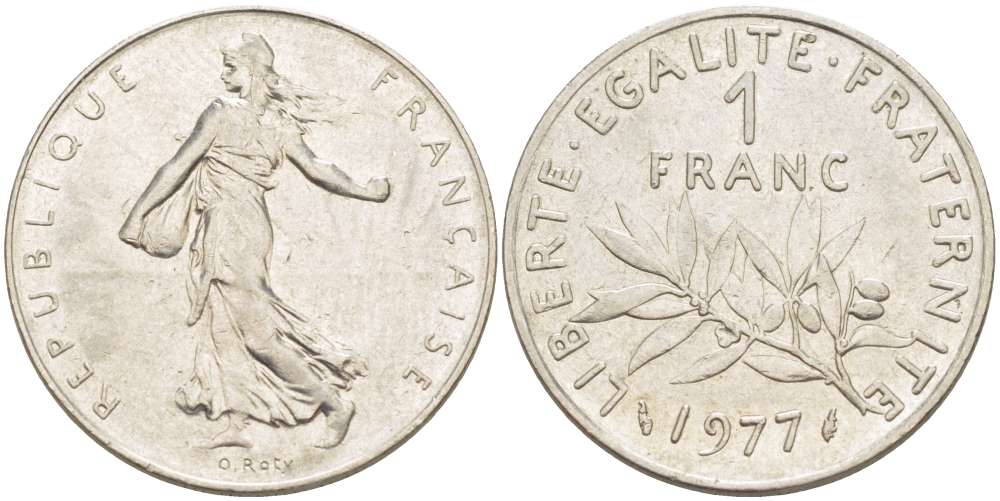 ФРАНЦИЯ 1 ФРАНК 1977 СЕЯТЕЛЬ KM 925.1, LE FRANC 226.22 никель 4519-836