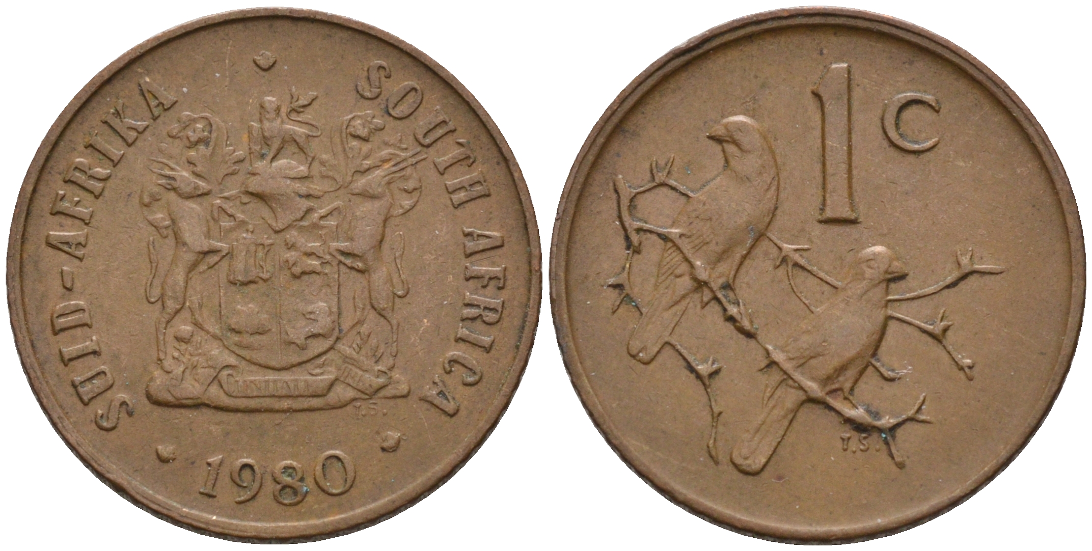 ЮАР 1 ЦЕНТ 1980 ГЕРБ, КАПСКИЕ ВОРОБЬИ KM 82 бронза 4588-1261