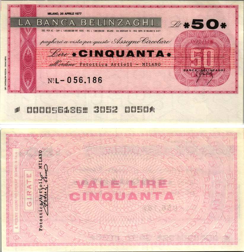 Италия 50 лир 1977 26 апреля 1977 La Banca belinzaghi, Milano бумага UNC (пресс) 7220-48-2-1