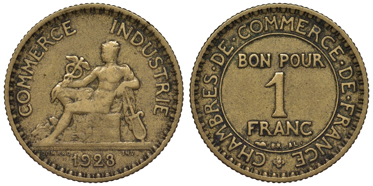 Франция 1 франк 1923 тип Chambres de Commerce KM 876, Le Franc 218.5 алюминиевая бронза 4128-311