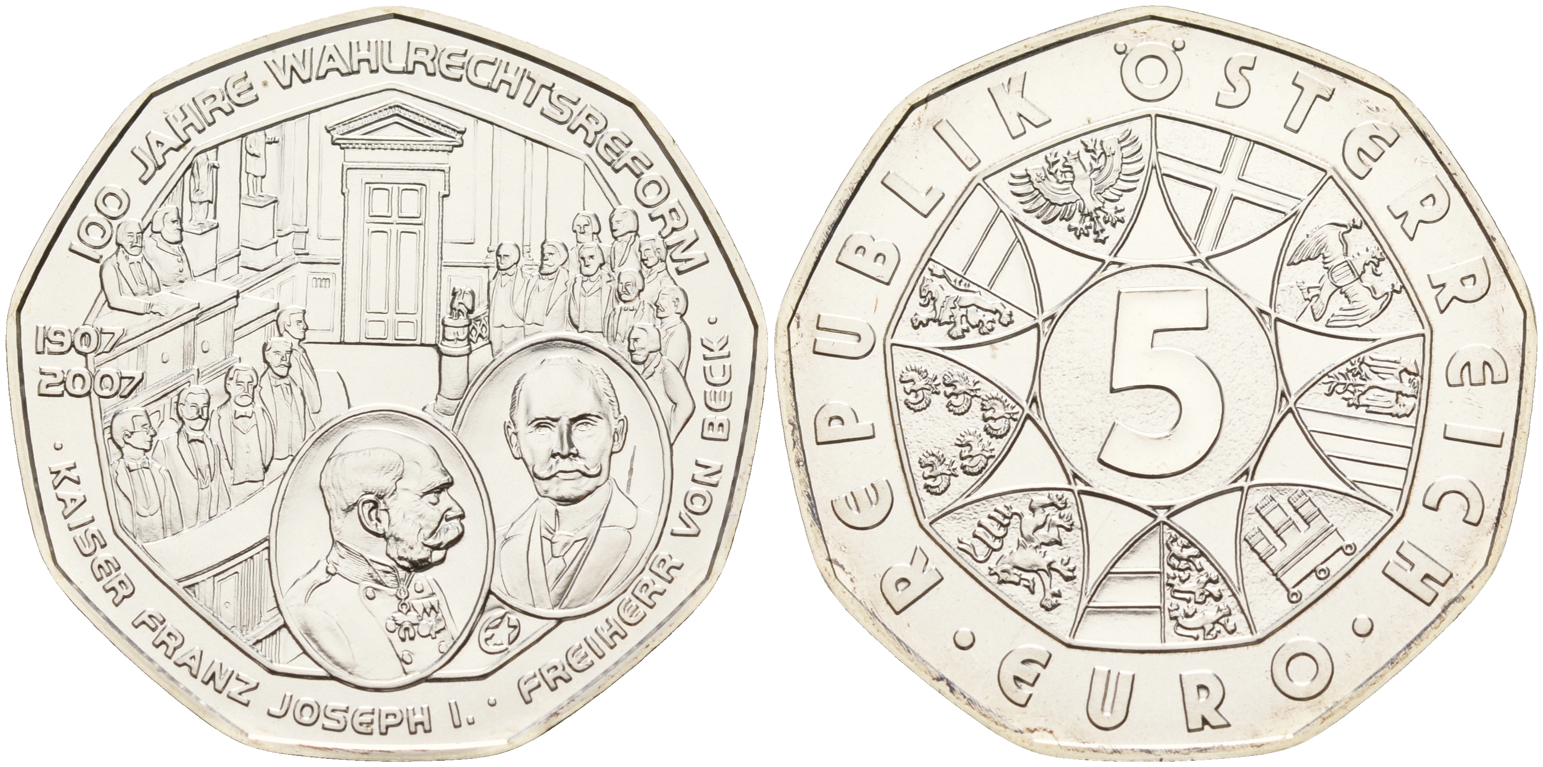 Австрия 5 евро 2007 100 лет Всеобщему избирательному праву, Франц Иосиф KM 3144 серебро UNC 01-234-34