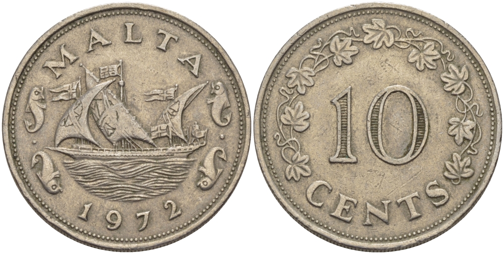 Мальта 10 центов 1972 баржа Великого магистра KM 11 медно-никель 82-336