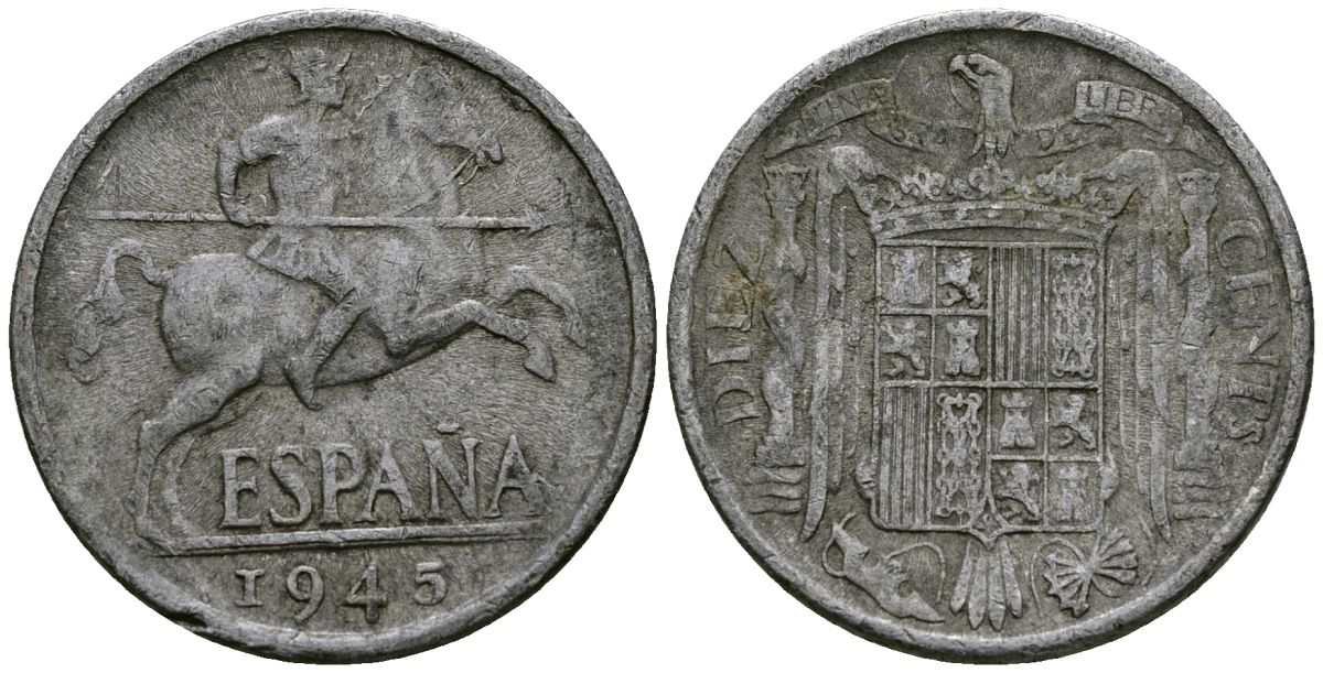 Испания 10 сентимо 1945 рыцарь на коне KM 766 алюминий 4577-413