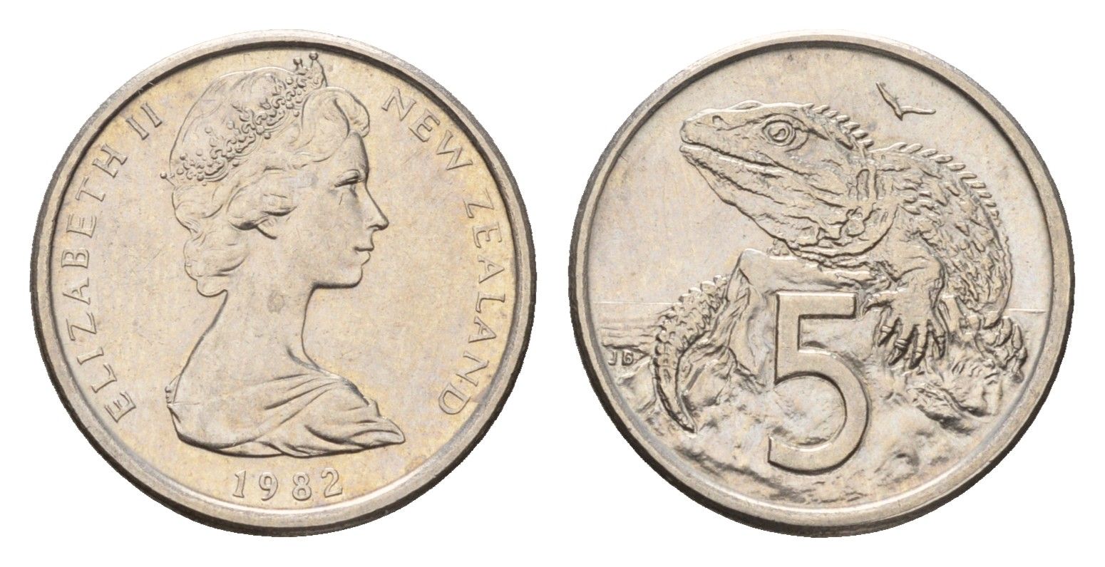 Новая Зеландия 5 центов 1982 Елизавета II (1952-2022), ящерица гаттерия KM 34 медно-никель UNC 4655-257