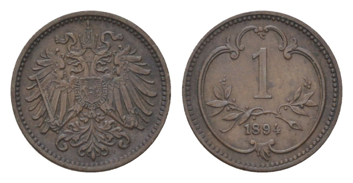 Австрия 1 геллер 1894 Франц Иосиф I (1848-1916) KM 2800 бронза 4623-1058