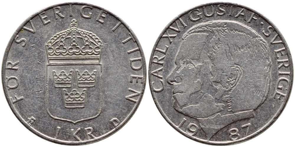 Швеция 1 крона 1987 Карл XVI Густав (1973- ) KM 852a медно-никель 4397-1156