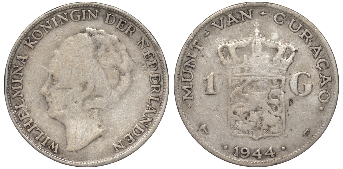 Нидерландское Кюрасао 1 гульден 1944 D, Вильгельмина (1890-1948) KM 45 серебро 36-544