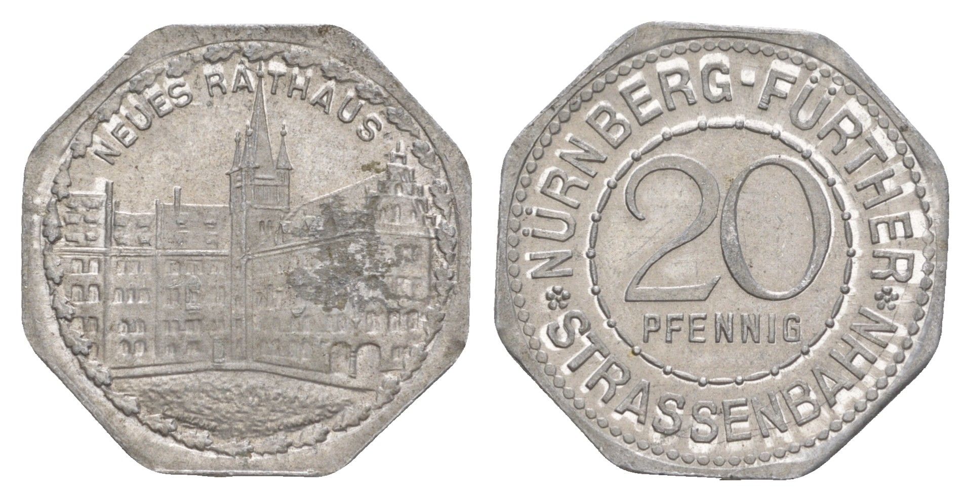 Нюрнберг трамвайный (транспортный) жетон в 20 пфеннигов ND (1920-1921) Новая ратуша Men05 19256.25, Men18 24102.25 алюминий 3459-533