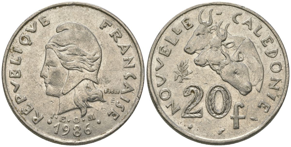 Французская Новая Каледония 20 франков 1986 три быка, (IEOM) KM 12, Schoen 14, Lec 112 никель 4680-914
