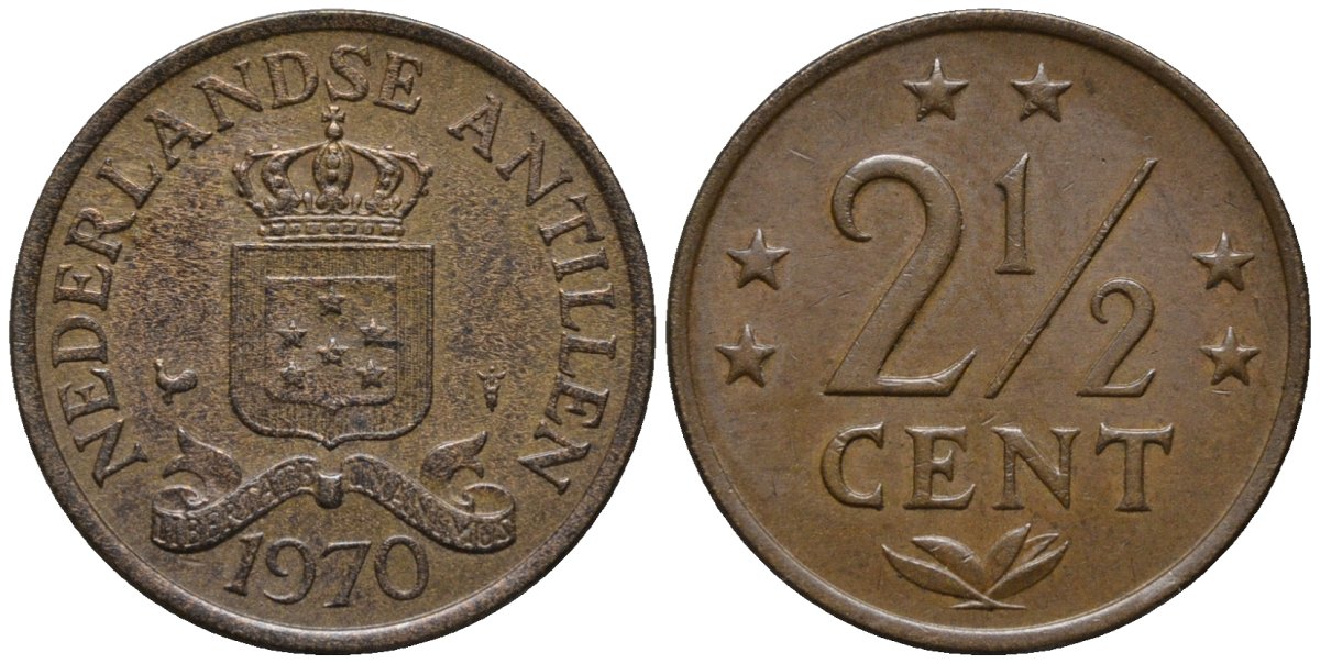 Нидерландские Антилы 2 1/2 цента 1970 Юлиана (1948-1980) KM 9 бронза 4579-915