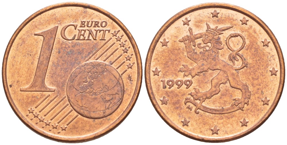 Финляндия 1 евроцент 1999 М KM 98 сталь плакированная медью 4543-131