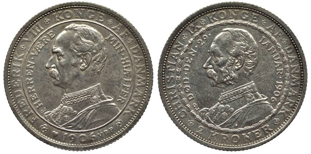 Дания 2 кроны 1906 VBP; GJ, на смерть Кристиана IX и восшествию на престол Фредерика VIII KM 803 серебро    1522-633