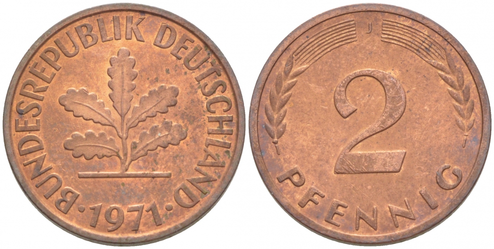 ФРГ 2 ПФЕННИГА 1971 J KM 106a, J 381a сталь плакированная бронзой 3718-369