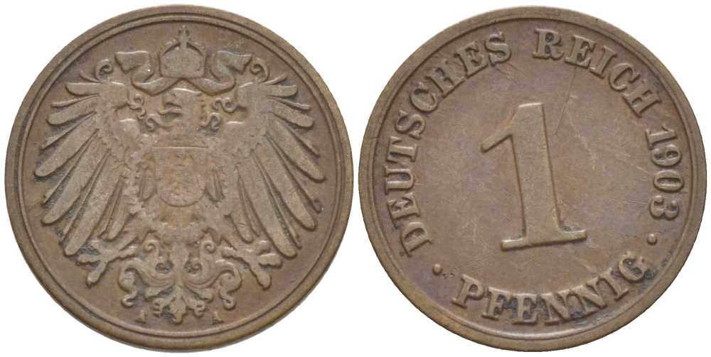 ГЕРМАНИЯ 1 ПФЕННИГ 1903 A KM 10, J. 10, Weege 2 медь 211-267
