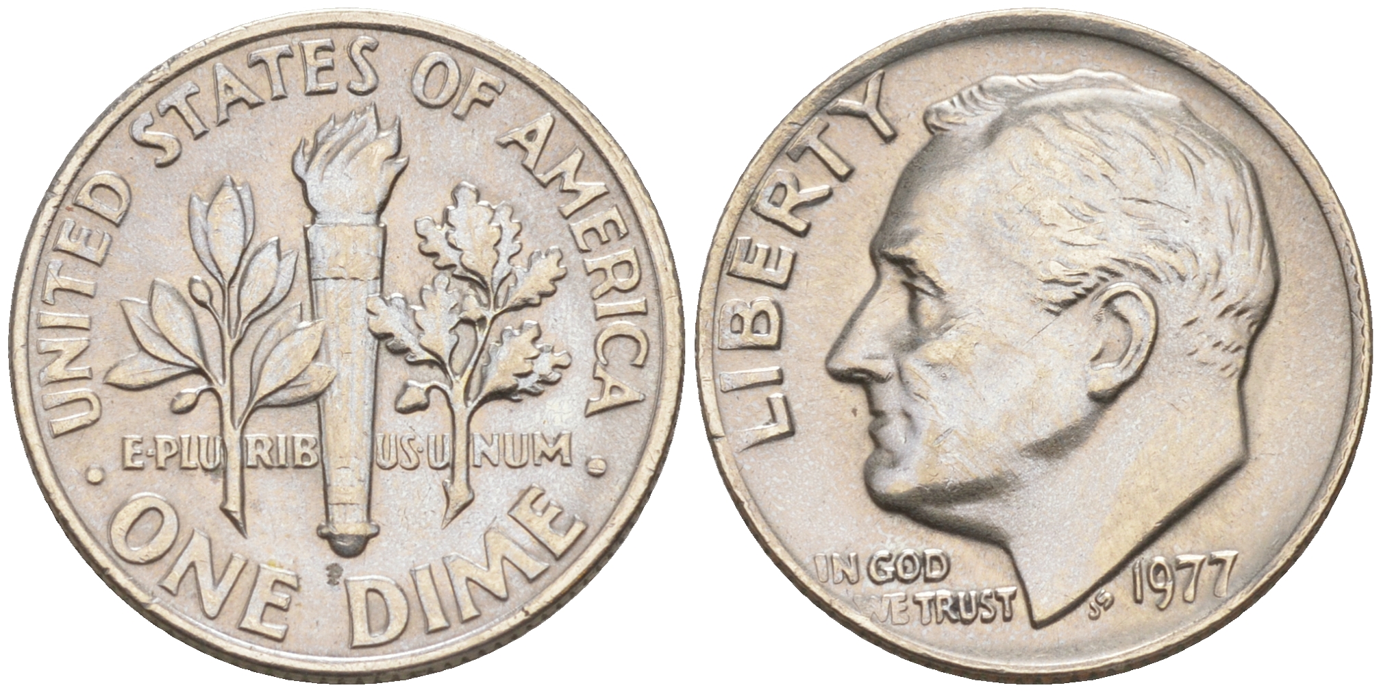 США 10 ЦЕНТОВ = 1 ДАЙМ 1977 РУЗВЕЛЬТ KM 195a медь плакированная медно-никелем 188-431