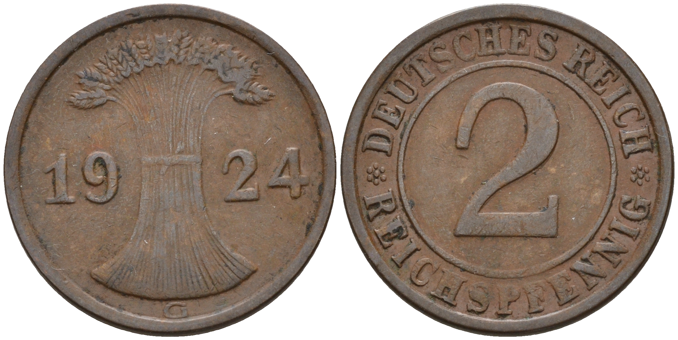 Германия 2 рейхспфеннига 1924 G KM 38, J. 314 бронза    4596-312