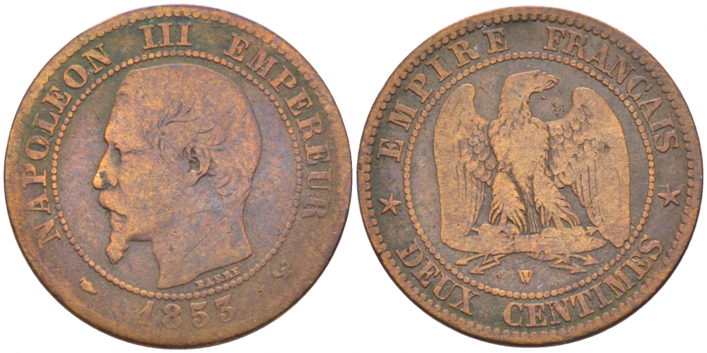 ФРАНЦИЯ 2 САНТИМА 1853 W KM 776.7 бронза 116-737