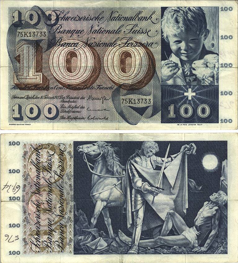 Швейцария 100 франков 1971 10 февраля 1971, серия 75 K, подпись 45 Pick 49 m бумага 8606-27-1-2