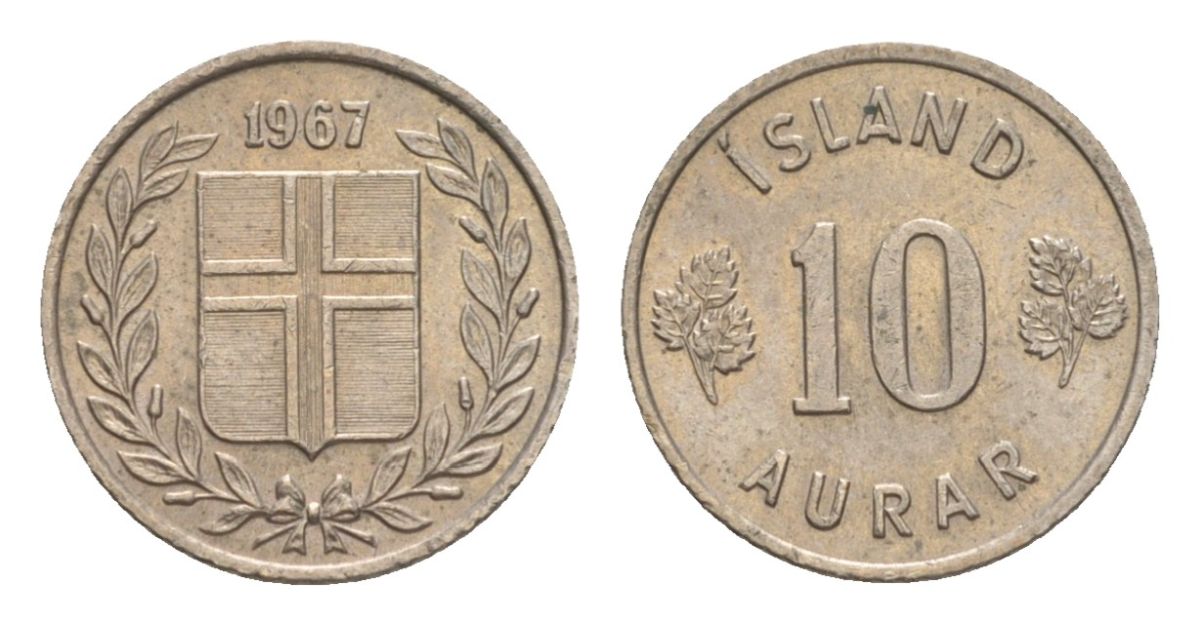 Исландия 10 эйре 1967 KM 10 медно-никель UNC 4632-936