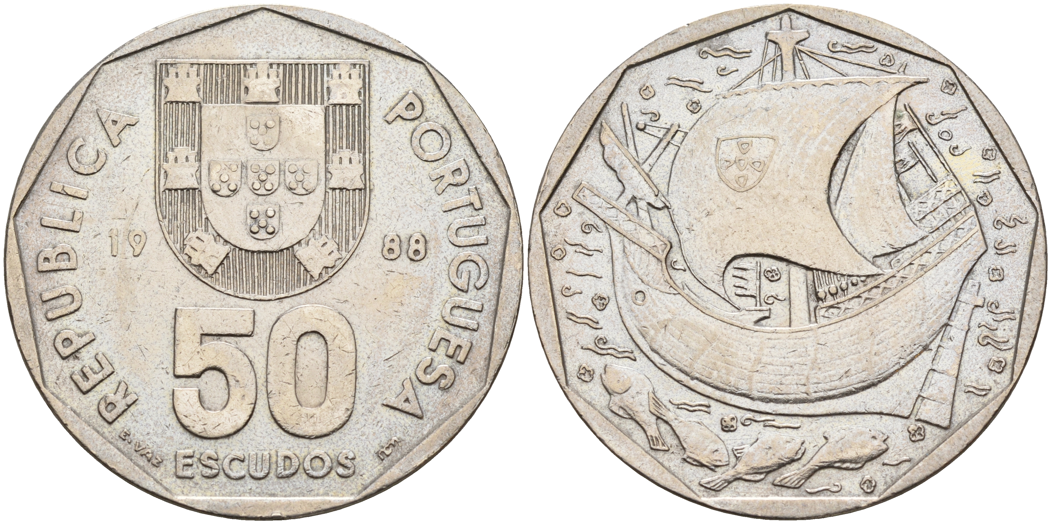 Португалия 50 эскудо 1988 парусник KM 636 медно-никель    4157-735