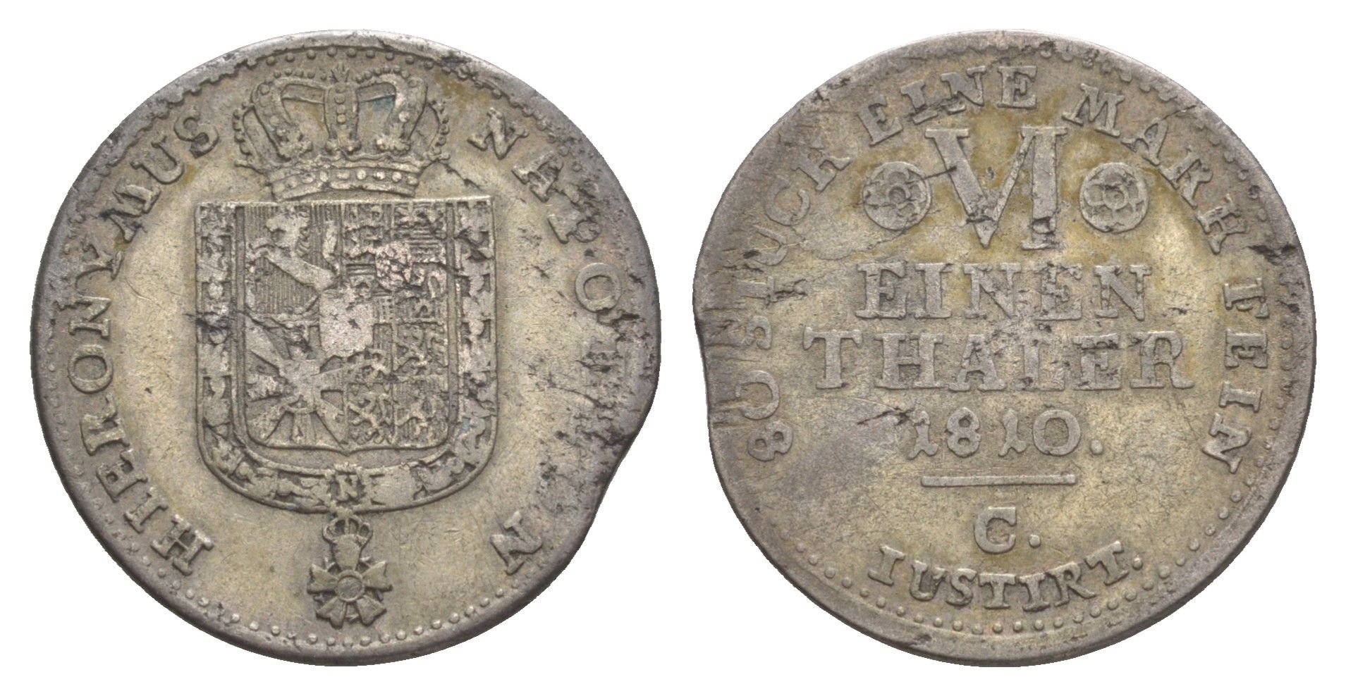 Вестфалия 1/6 талера 1810 C, Жером Бонапарт (1807-1813) KM 88 серебро 633-1215