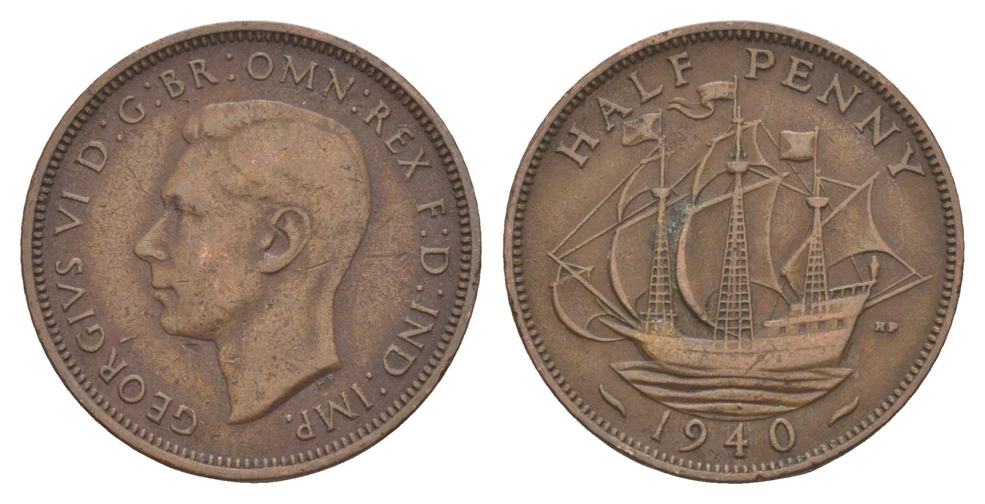 Великобритания 1/2 пенни 1940 Георг VI (1936-1952) KM 844, Spink 4115 бронза 4642-433