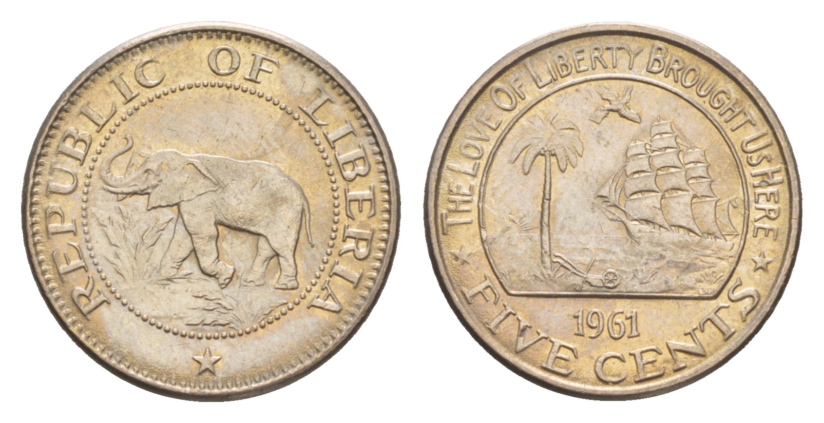 Либерия 5 центов 1961  KM 14 медно-никель  aUNC  4659-436