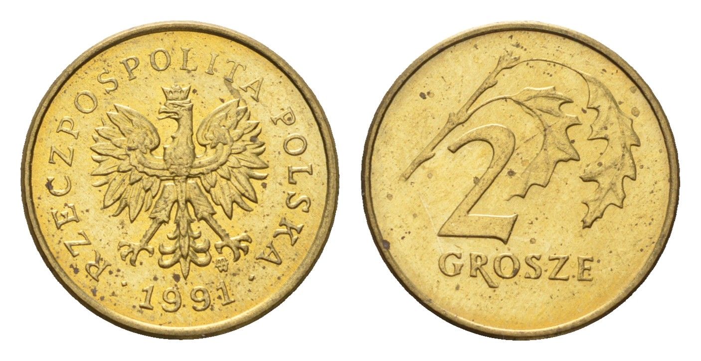 Польша 2 гроша 1991 Y 277 марганец латунь UNC 4674-938