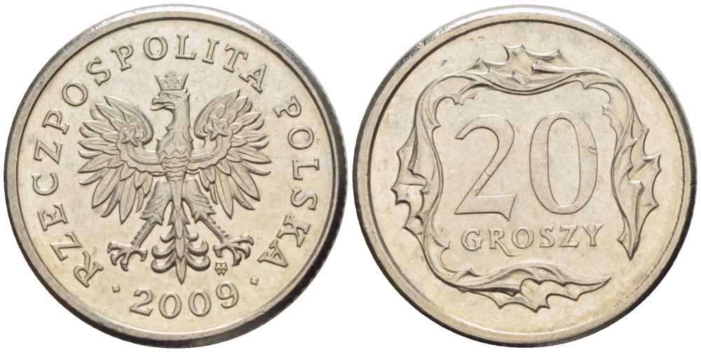 ПОЛЬША 20 ГРОШЕЙ 2009 MW KM 280 медно-никель 201-525
