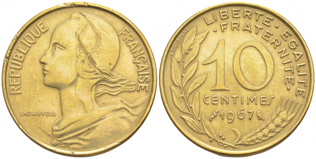 ФРАНЦИЯ 10 САНТИМОВ 1963 ТИП MARIANE KM 929, LE FRANC 144.3 алюминиевая бронза 44-962