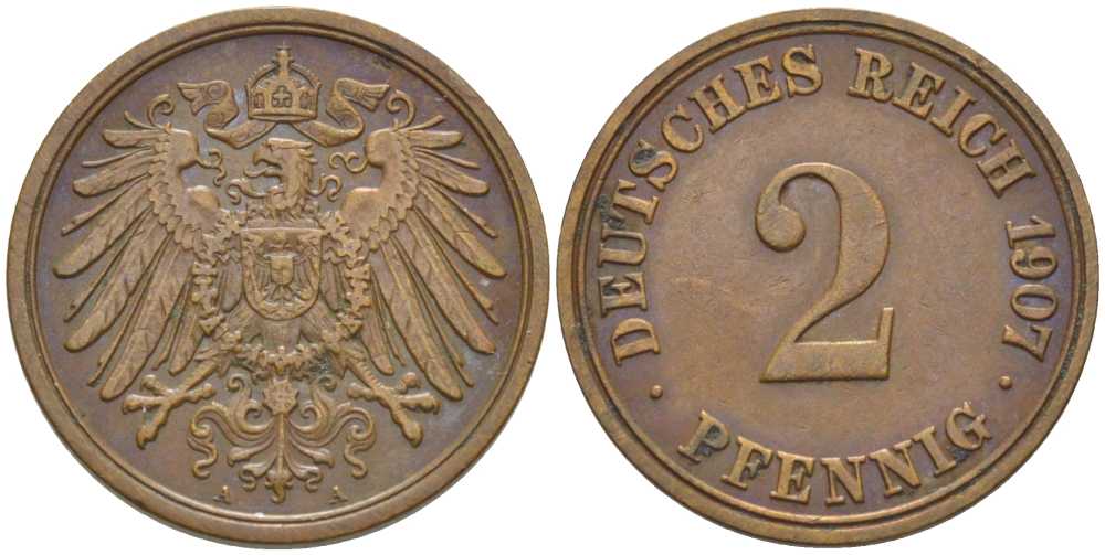 ГЕРМАНИЯ 2 ПФЕННИГА 1907 A KM 16, J. 11, Weege 4 медь 206-533
