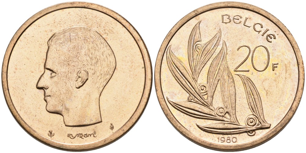 Бельгия 20 франков 1980 Belgie KM 160 никель бронза UNC 189-935