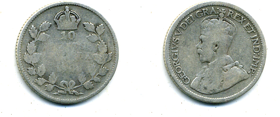 КАНАДА 10 ЦЕНТОВ 1914 ГЕОРГ V серебро 46-1112