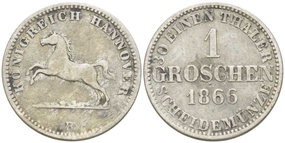 Брауншвейг-Каленберг-Ганновер 1 грош 1866 В, Георг V (1851-1866) KM 236, Jaeger 93, AKS 149 серебро 206-338