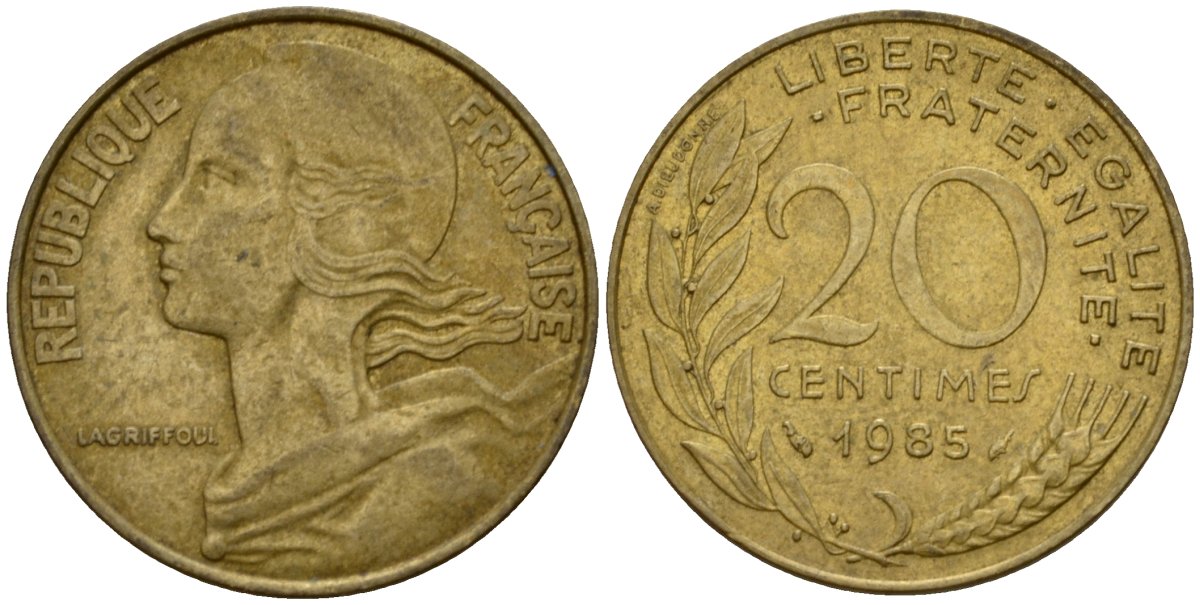 Франция 20 сантимов 1985 тип Marianne KM 930 алюминиевая бронза 4393-847