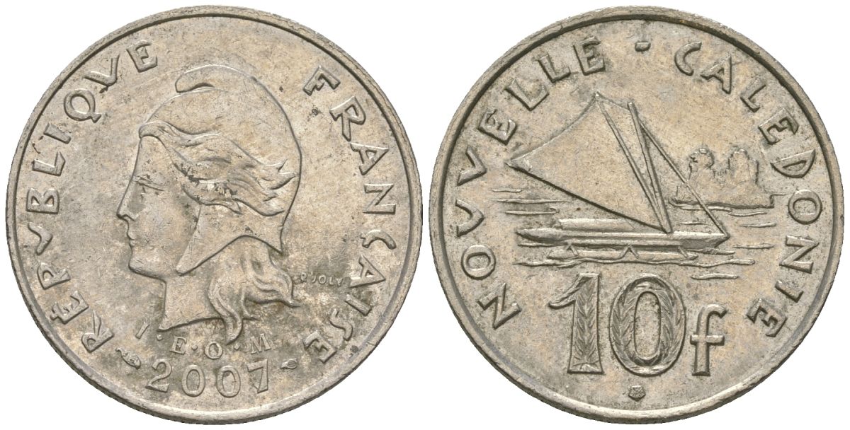 Французская Новая Каледония 10 франков 2007 рыбачья парусная лодка, (IEOM) KM 11a, Schoen 13a, Lec 99k медно-никель 56-1421