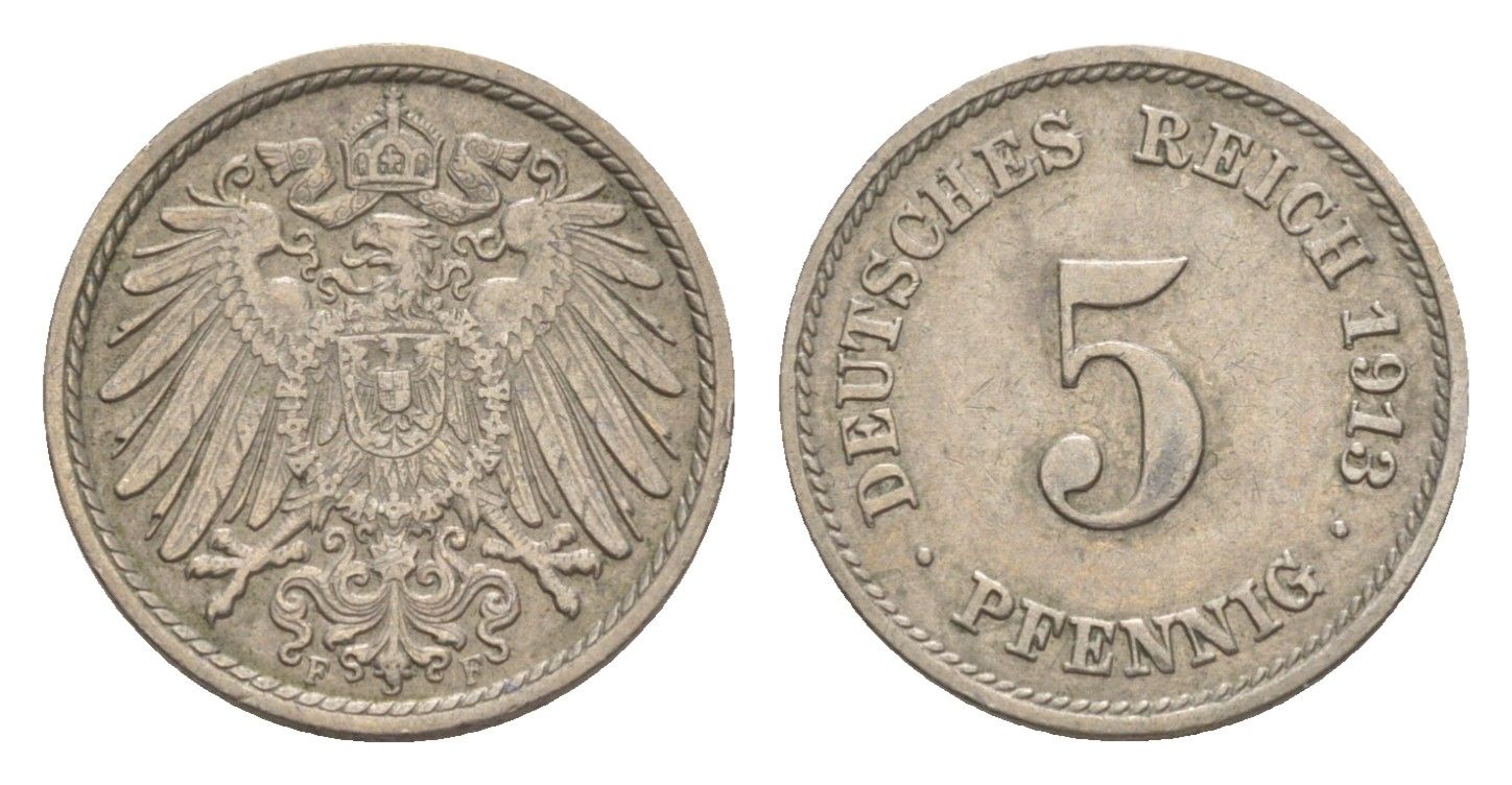 Германия 5 пфеннигов 1913 F, Вильгельм II (1888-1918) KM 11, J. 12 медно-никель 4640-147