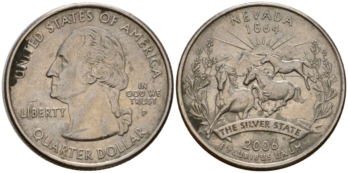 США 25 центов (квотер) 2006 P, серия штаты США, Невада KM 383 медь плакированная медно-никелем 4603-1155