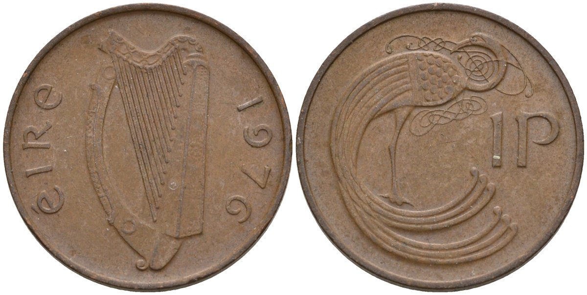 Ирландия 1 пенни 1976 мифологическая птица лира KM 20 бронза 4146-423